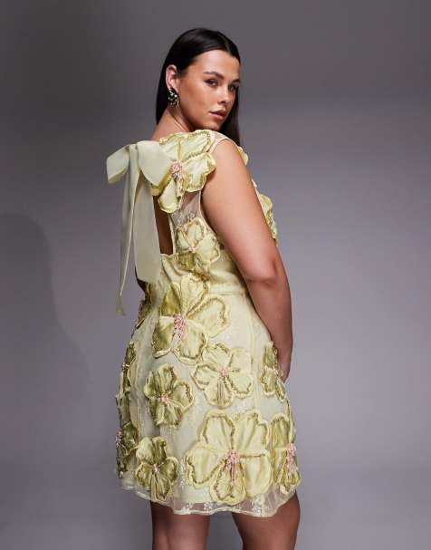 ASOS LUXE Curve embellished 3D floral lace mini dress with drop faux pearls in yellow - view 1