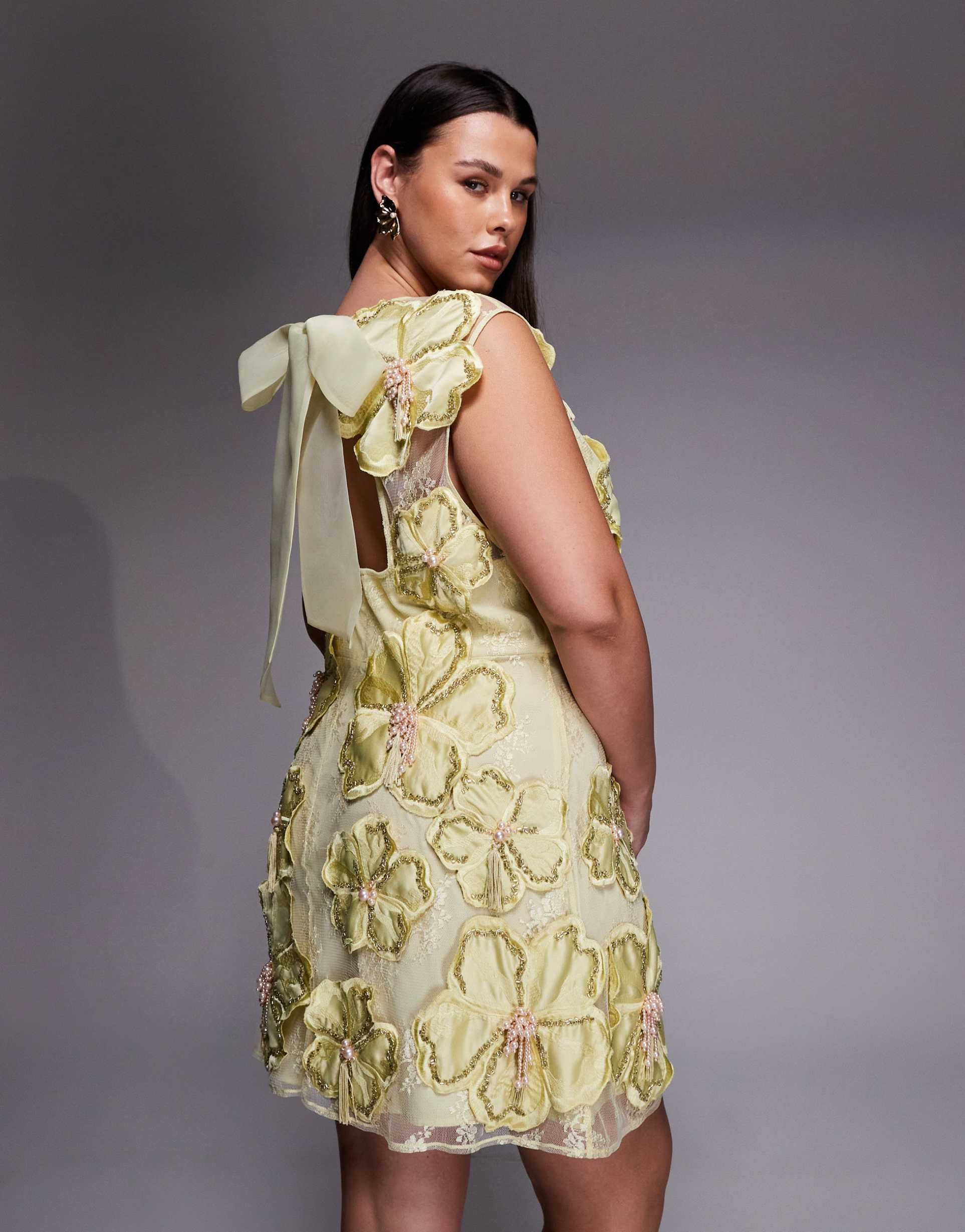asos luxe curve embellished 3d floral lace mini dress with drop faux pearls in yellow