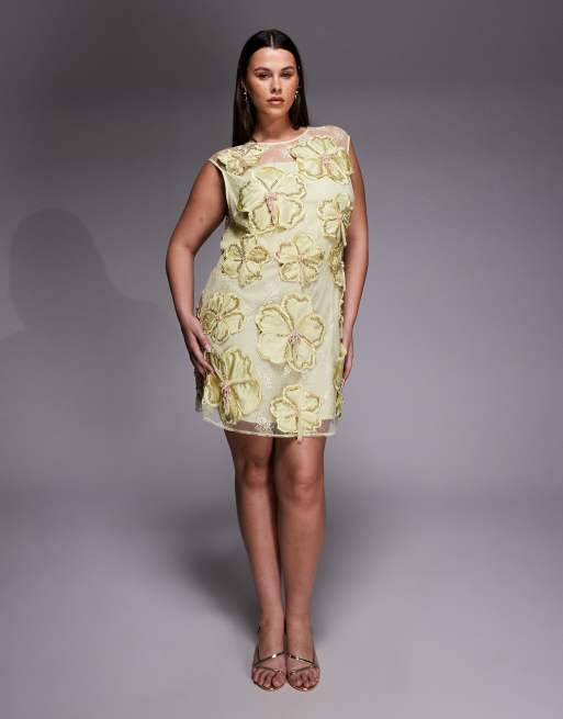 ASOS LUXE Curve embellished 3D floral lace mini dress with drop pearls in yellow, 4 of 4