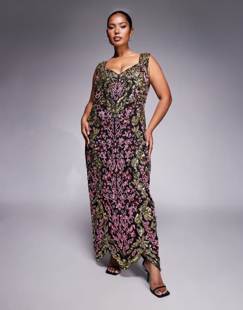 ASOS LUXE Curve embellished beaded maxi dress in black and gold - view 1