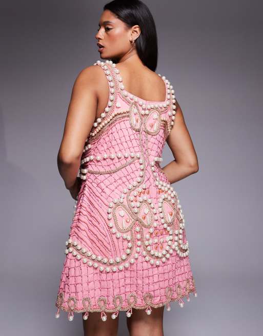 ASOS LUXE Curve embellished beaded mini with bows in Pink and gold, 2 of 4