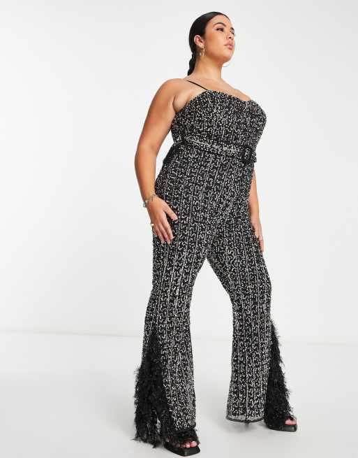 Strapless Faux-Feather Wide-Leg Jumpsuit - Black