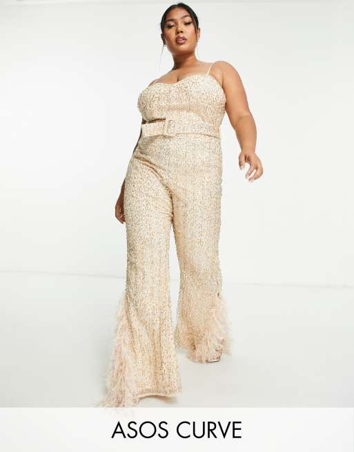 ASOS LUXE Curve embellished belted jumpsuit with faux feather trim in  neutral