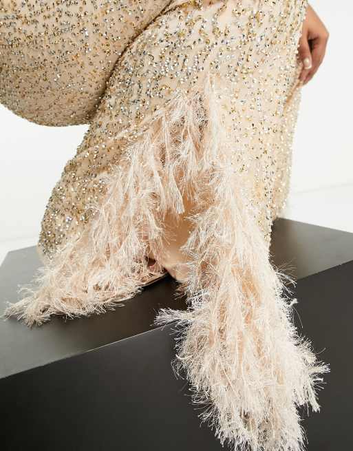 ASOS LUXE Curve embellished belted jumpsuit with faux feather trim in neutral, 3 of 4