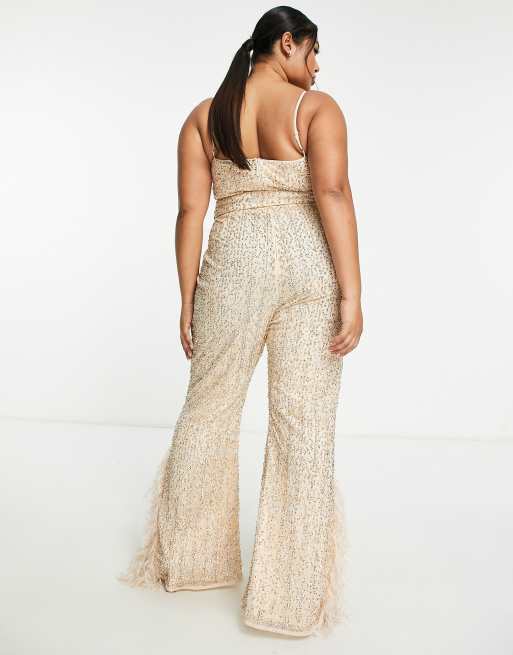 ASOS LUXE Curve embellished belted jumpsuit with faux feather trim in  neutral