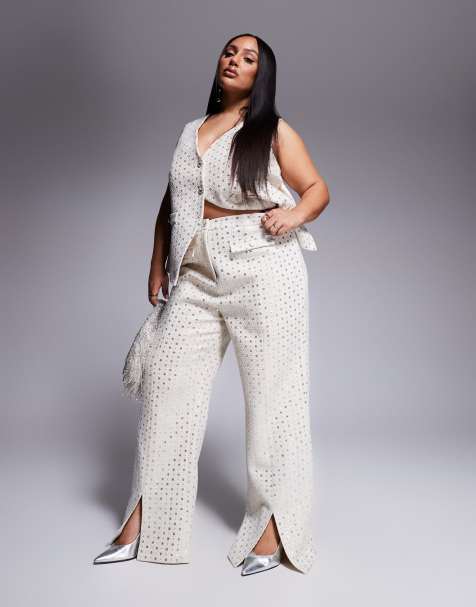 ASOS LUXE Curve embellished boucle waist coat with bow back and embellished boucle trouser co-ord in cream - view 1
