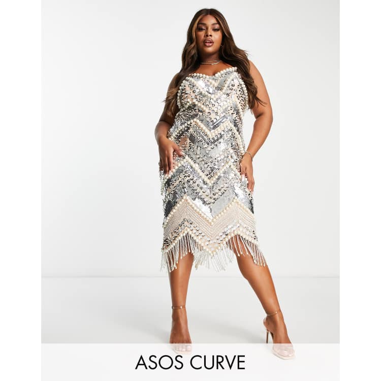 ASOS Edition Curve Embellished Mini Dress with Beaded Fringe Hem in blush-Pink