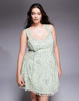 ASOS LUXE Curve embellished cotton sweetheart caged mini dress in sage green