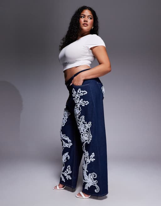 ASOS LUXE Curve embellished dream cornelli straight leg jean in dark wash in dark blue, 3 of 5