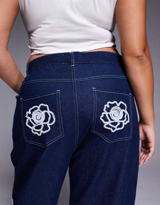 ASOS LUXE Curve embellished dream cornelli straight leg jean in dark wash in dark blue, 4 of 5