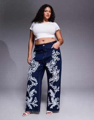 ASOS LUXE Curve embellished dream cornelli straight leg jeans in dark wash in dark blue