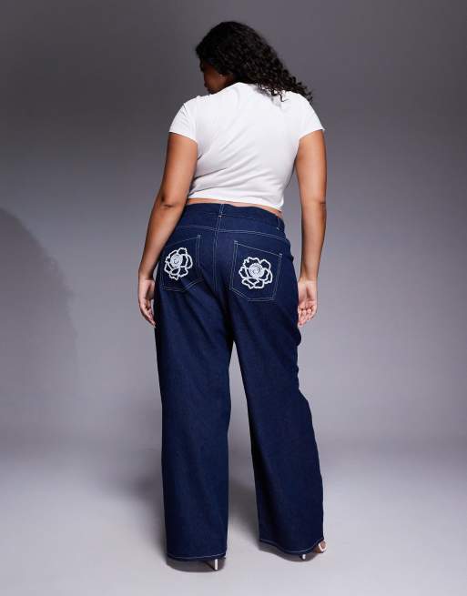 ASOS LUXE Curve embellished dream cornelli straight leg jeans in dark wash in dark blue