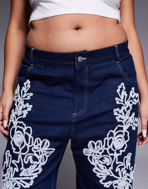 ASOS LUXE Curve embellished dream cornelli straight leg jeans in dark wash in dark blue