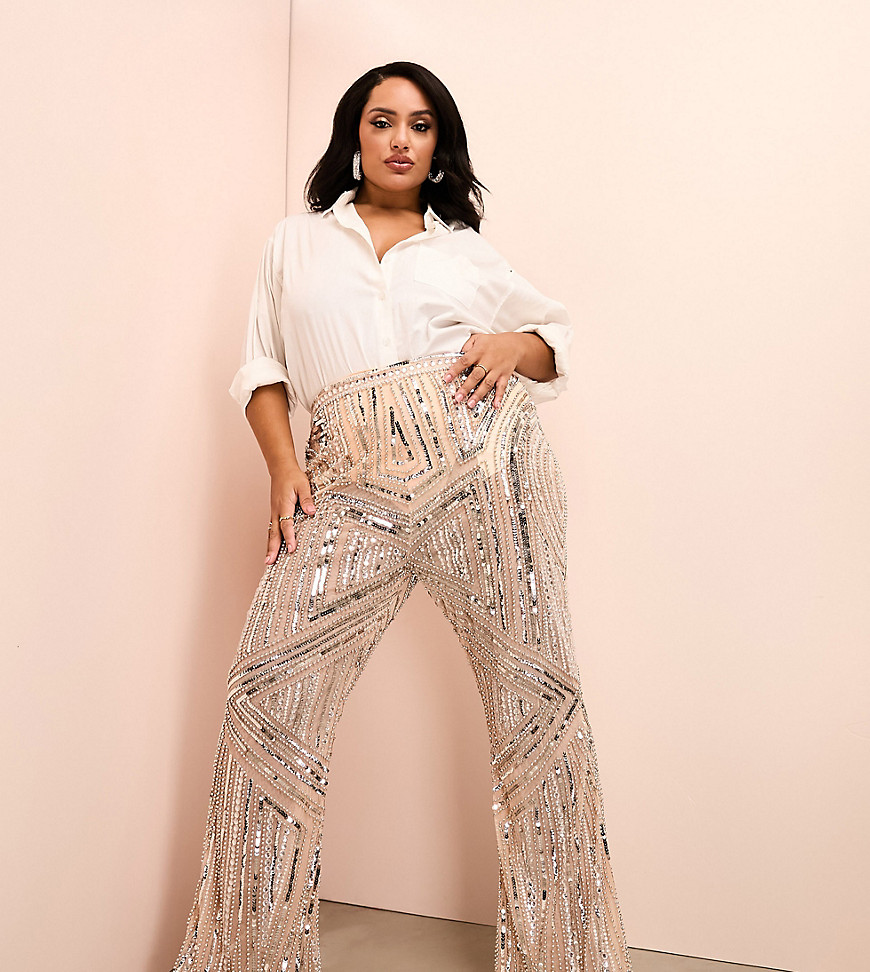 ASOS LUXE Curve embellished flared trousers in gold and pink