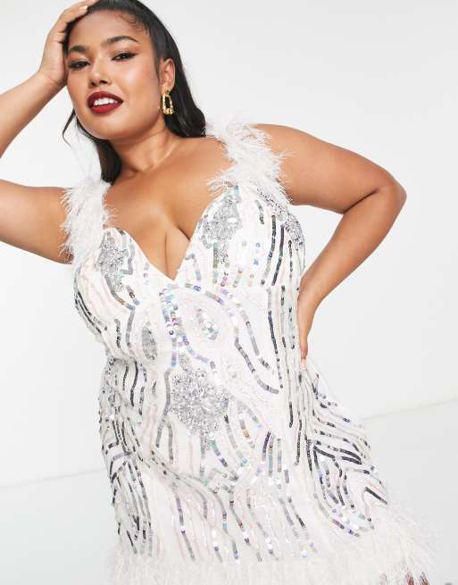 ASOS LUXE Curve embellished gemstone mini dress with faux feathers with train in white