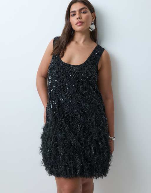 ASOS LUXE Curve embellished scoop neck mini dress with faux feather hem in black, 4 of 5