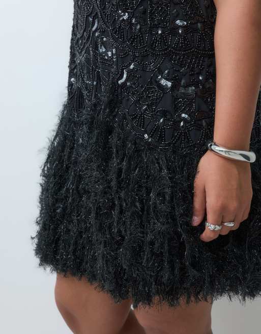 ASOS LUXE Curve embellished scoop neck mini dress with faux feather hem in black, 5 of 5