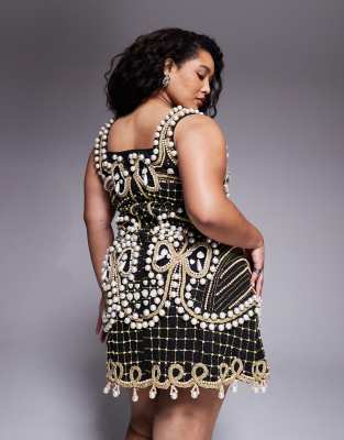Asos Luxe Curve Embellished Square Neck Mini Dress In Black