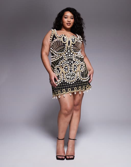 ASOS LUXE Curve embellished square neck mini dress in black, 4 of 4