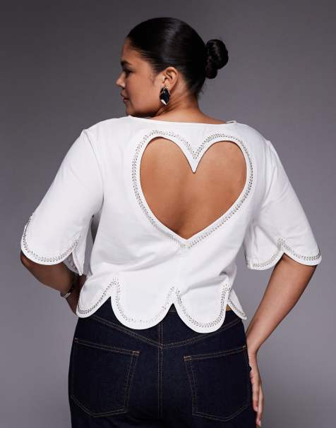 ASOS LUXE Curve embellished t-shirt with heart cut out in white