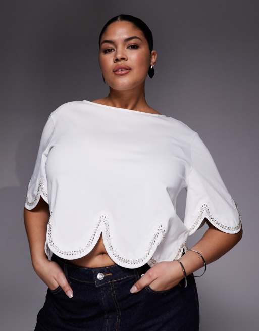 ASOS LUXE Curve embellished t-shirt with heart cut out in white, 2 of 4