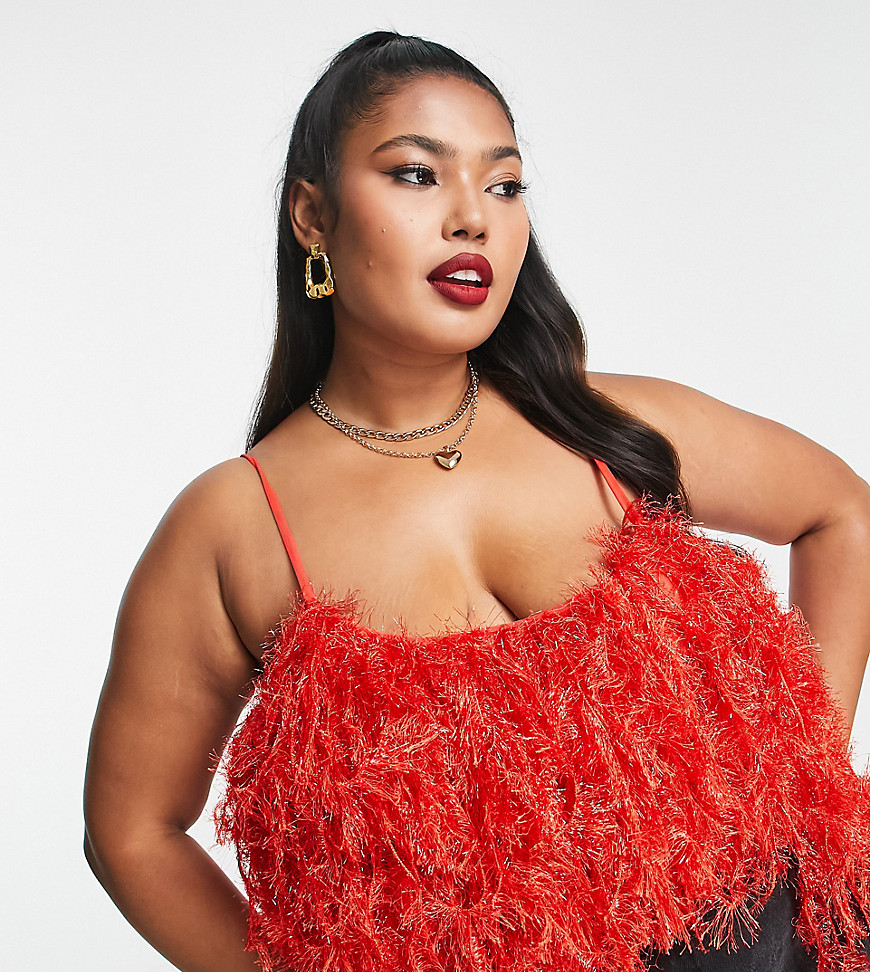 ASOS LUXE Curve faux feather low back cami body in hot red-Pink