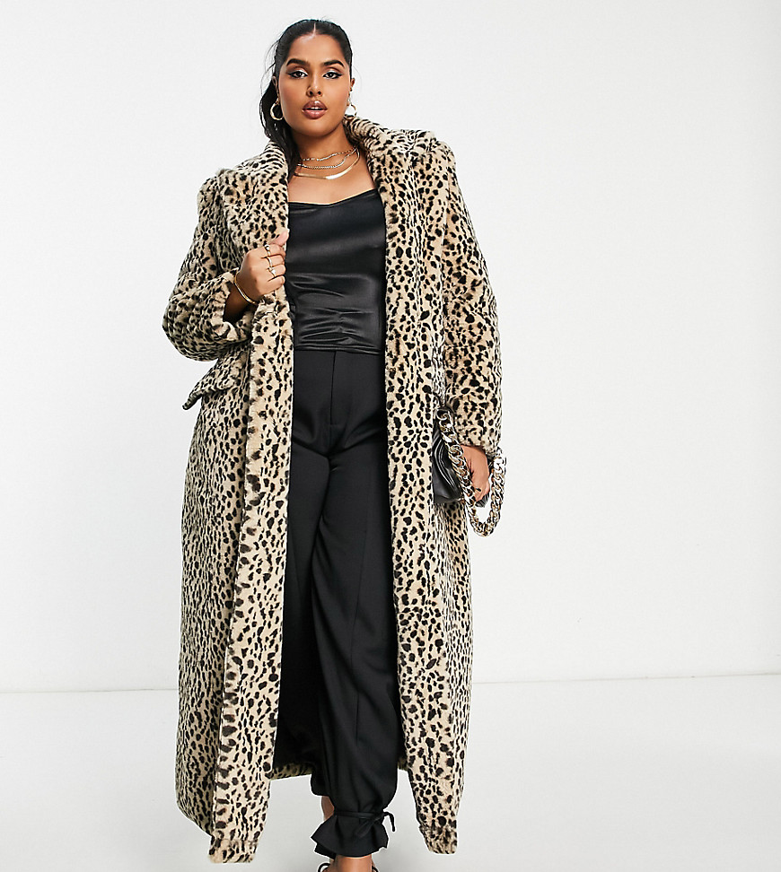 ASOS LUXE Curve faux fur tailored maxi coat in leopard print-Multi
