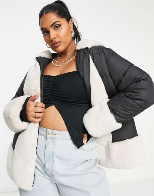 ASOS LUXE Curve faux fur trim puffer in black