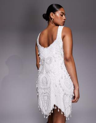 ASOS LUXE Curve faux gem encrusted mini dress with faux pearl  embellishments & scallop hem in white | ASOS