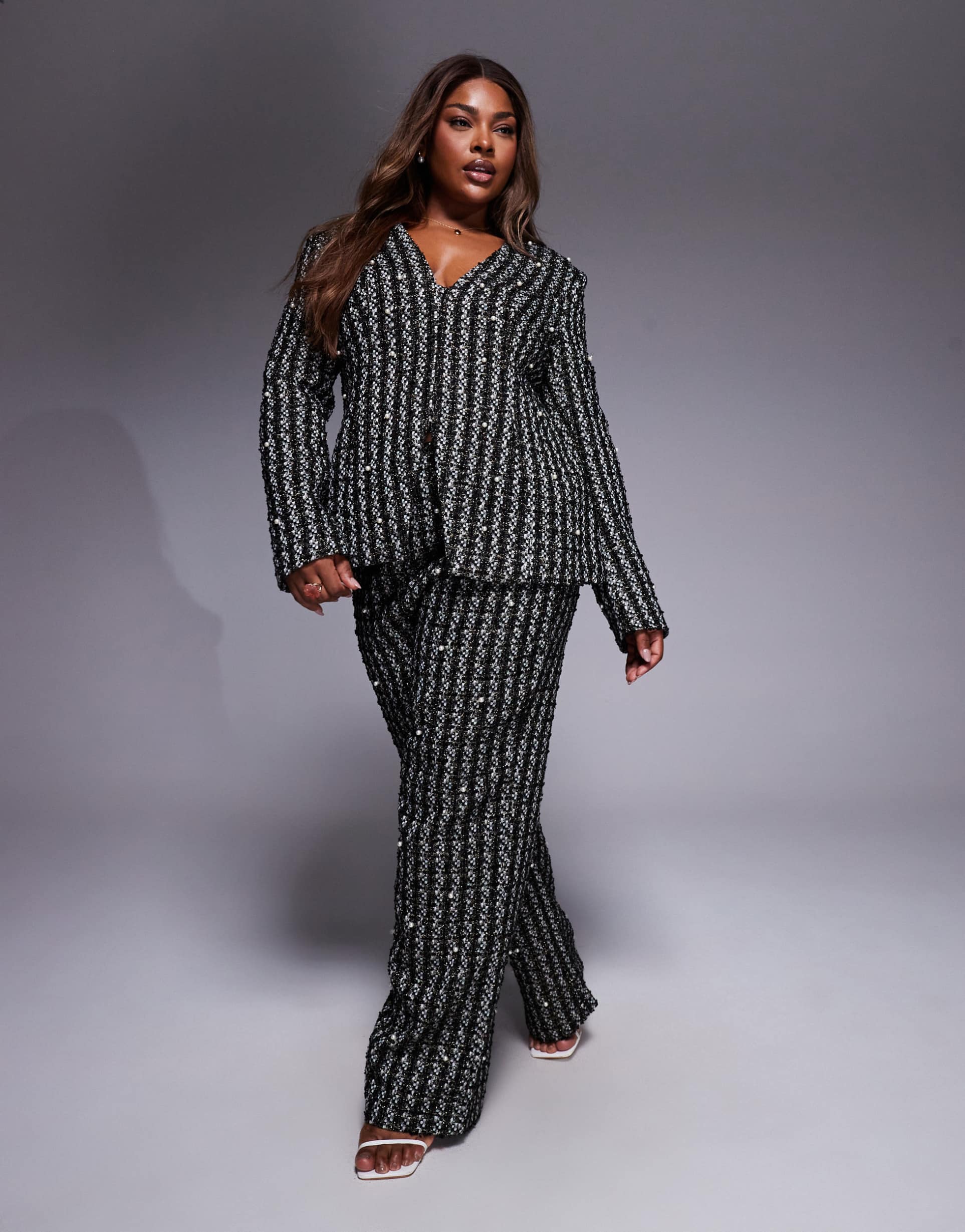 asos luxe curve faux pearl embellished boucle pants in black - part of a set