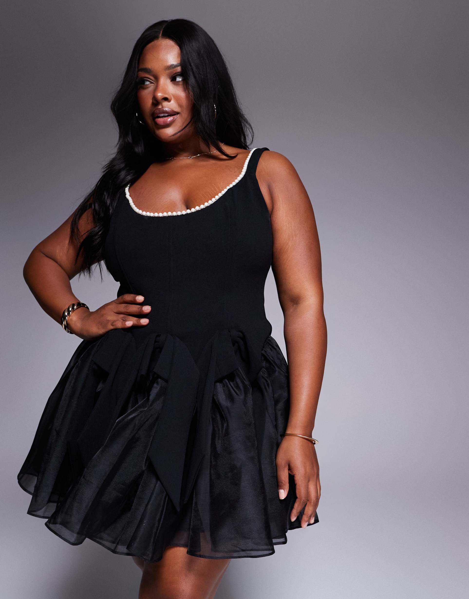 asos luxe curve faux pearl embellished corseted mini dress with bows in black