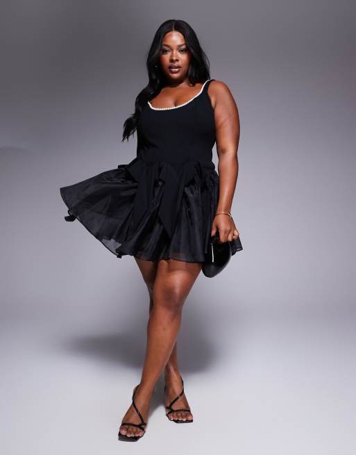 ASOS LUXE Curve faux pearl embellished corseted mini dress with bows in black