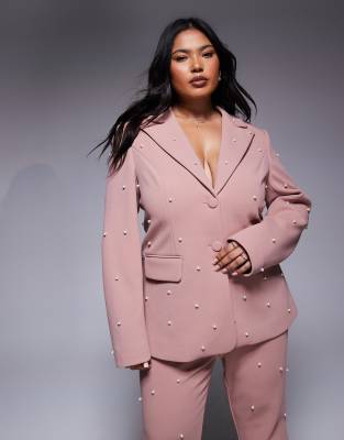 Curve faux pearl embellished tailored blazer in dusty rose - part of a set-pink