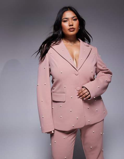 ASOS LUXE Curve faux pearl embellished tailored blazer in dusty rose - part of a set - view 1
