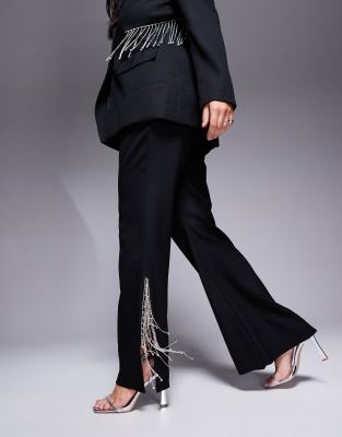 Curve flared pants with diamante fringing in black - part of a set