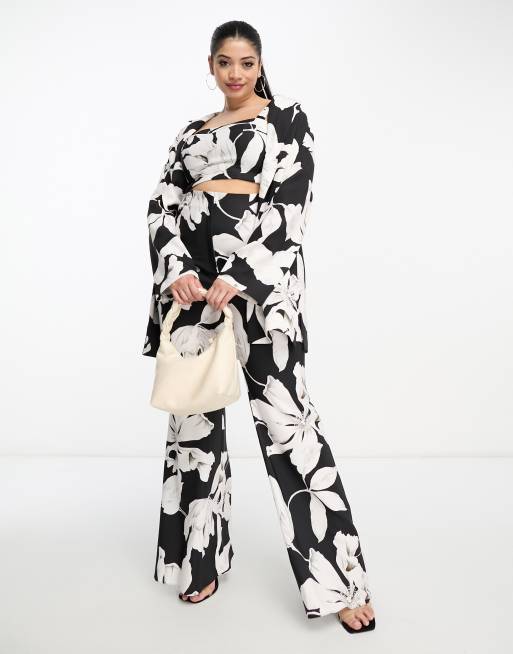 ASOS Luxe Curve suit jacket, bralette and pants set in black & white floral  p