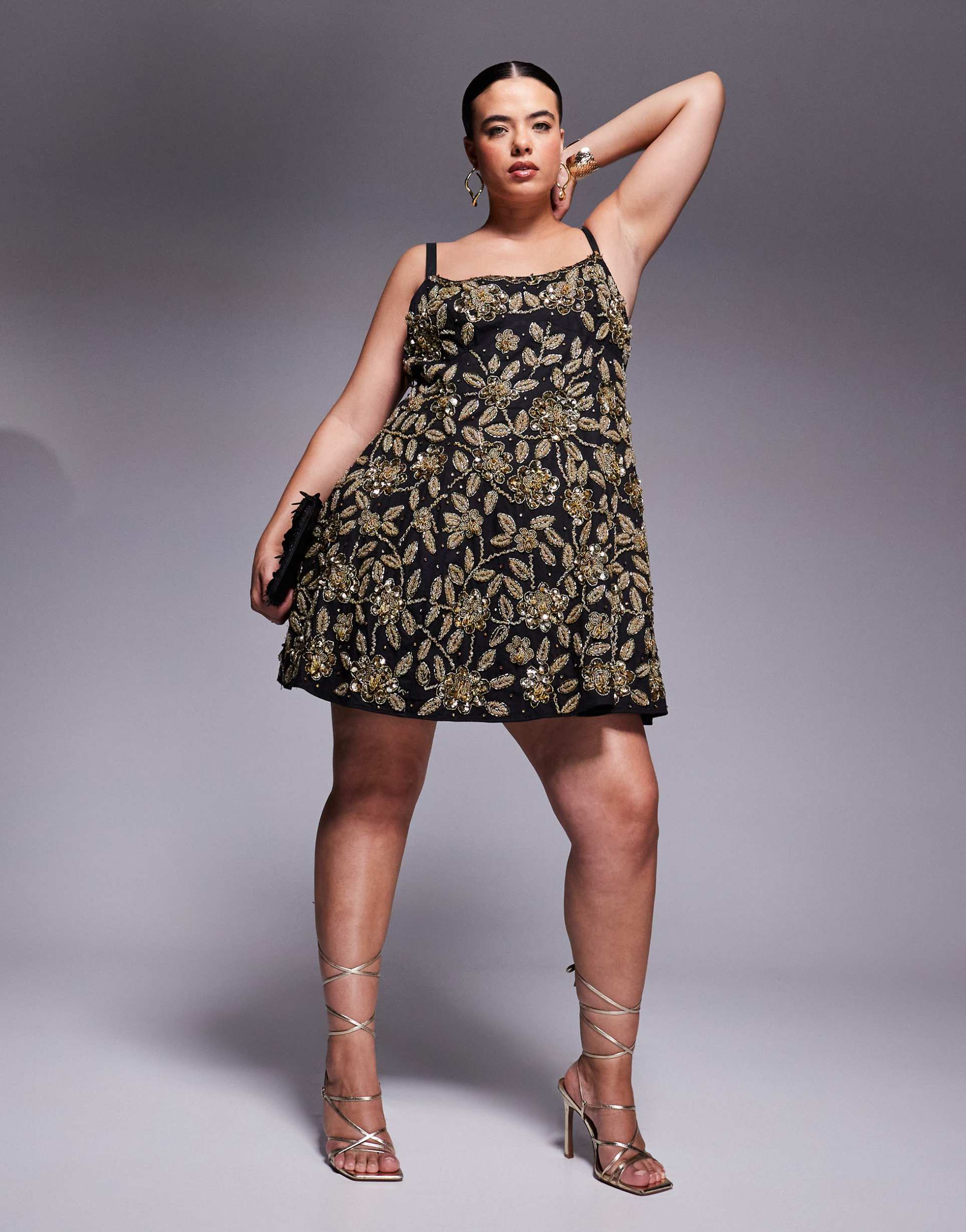 asos luxe curve floral embellished cage skirt mini dress in black