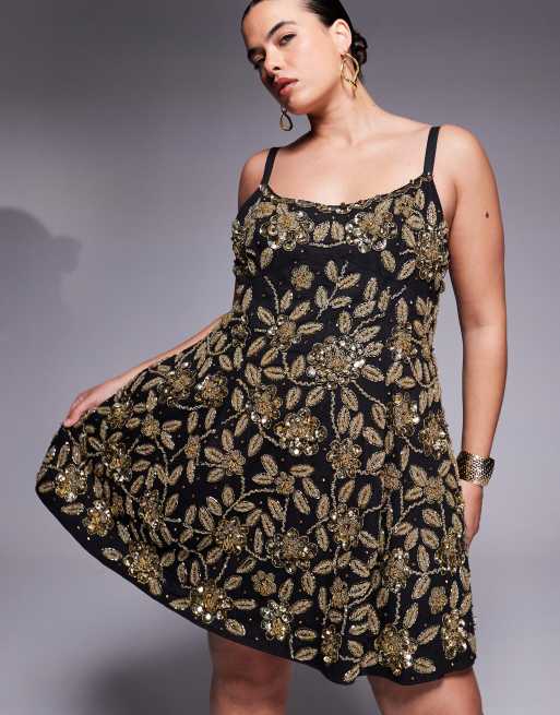 ASOS LUXE Curve floral embellished cage skirt mini dress in black, 2 of 4
