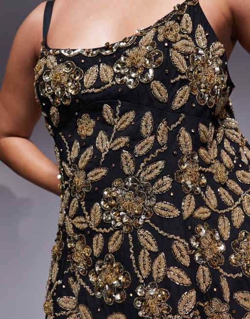 ASOS LUXE Curve floral embellished cage skirt mini dress in black, 3 of 4