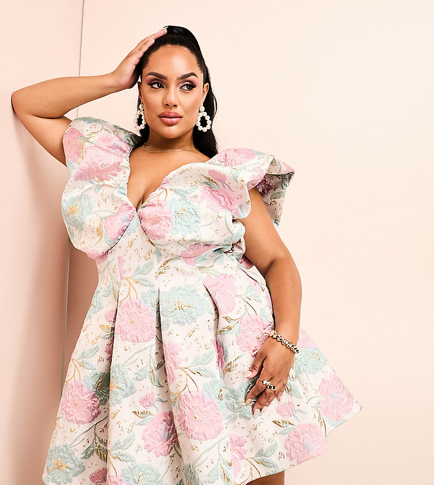 ASOS LUXE Curve floral jacquard bubble plunge dress in pink floral-Multi