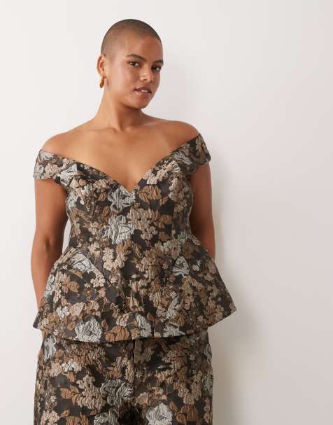 ASOS LUXE Curve floral jacquard off shoulder top - view 1