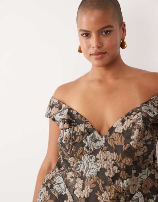 ASOS LUXE Curve floral jacquard off shoulder top, 3 of 4