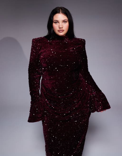 ASOS LUXE Curve - Fluwelen maxi jurk met lovertjes en gedrapeerde taille in bordeauxrood, 2 van 4