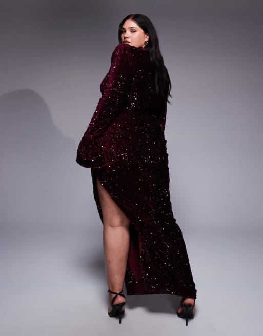 ASOS LUXE Curve - Fluwelen maxi jurk met lovertjes en gedrapeerde taille in bordeauxrood, 3 van 4