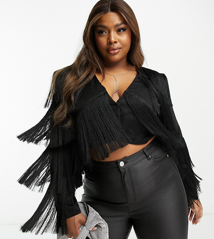 ASOS LUXE Curve fringe top with shoulder pads in black