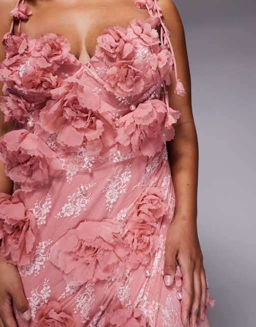 ASOS LUXE Curve – Gammelrosa maxiklänning med spets, utsmyckning och 3D-blommor, 2 av 4