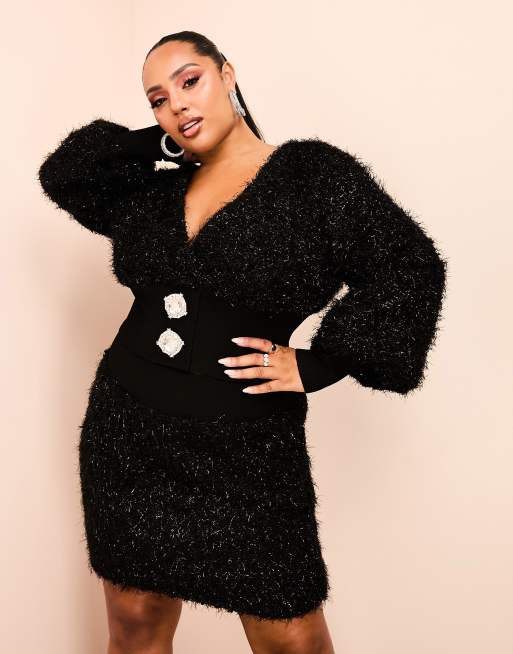 ASOS LUXE Curve - Gebreid vest met V-hals en versierde knopen in zwart