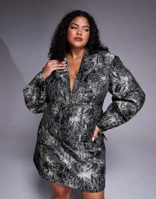ASOS LUXE Curve - Geformter Jacquard-Blazer in Schwarz mit Blumenmuster, Kombiteil-Bunt