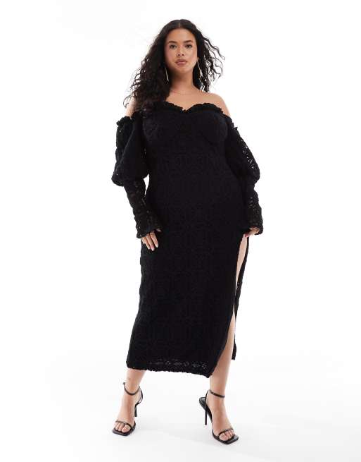 ASOS LUXE Curve - Gehaakte midi-bardotjurk met blote schouders en strik achter in zwart