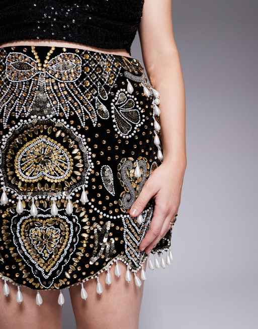 ASOS Luxe Curve Gem Embellished Velvet Mini Skirt with Drop Pearls in Black